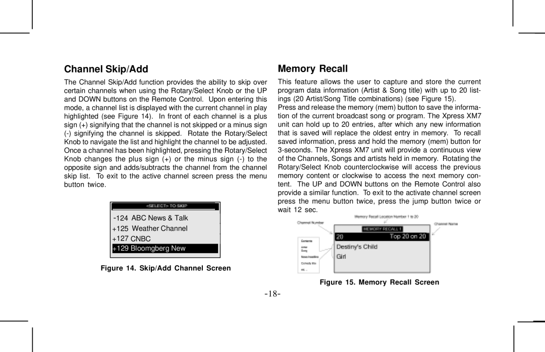 Audiovox XMCK10AP manual Channel Skip/Add, Memory Recall 