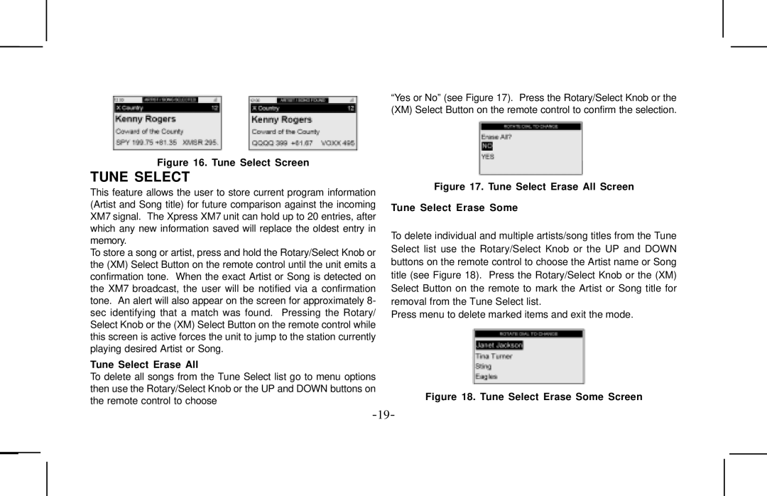 Audiovox XMCK10AP manual Tune Select Screen, Tune Select Erase All 