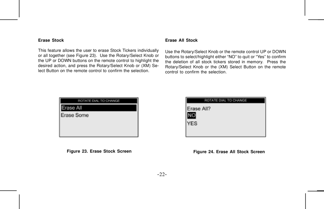Audiovox XMCK10AP manual Erase Stock Screen Erase All Stock 