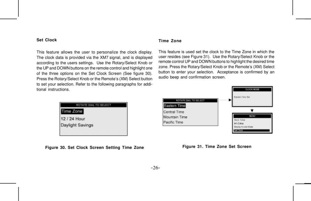 Audiovox XMCK10AP manual Set Clock Time Zone, Set Clock Screen Setting Time Zone 