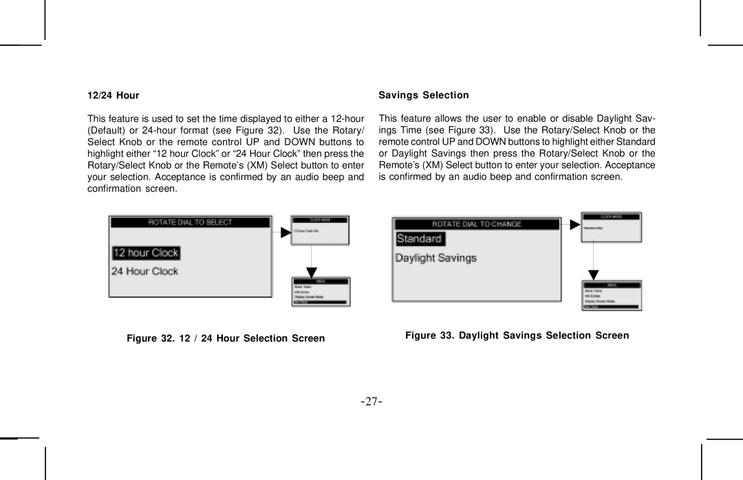 Audiovox XMCK10AP manual 12/24 Hour, Hour Selection Screen Savings Selection 