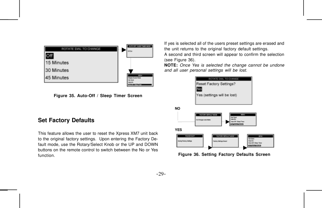 Audiovox XMCK10AP manual Set Factory Defaults, Auto-Off / Sleep Timer Screen 