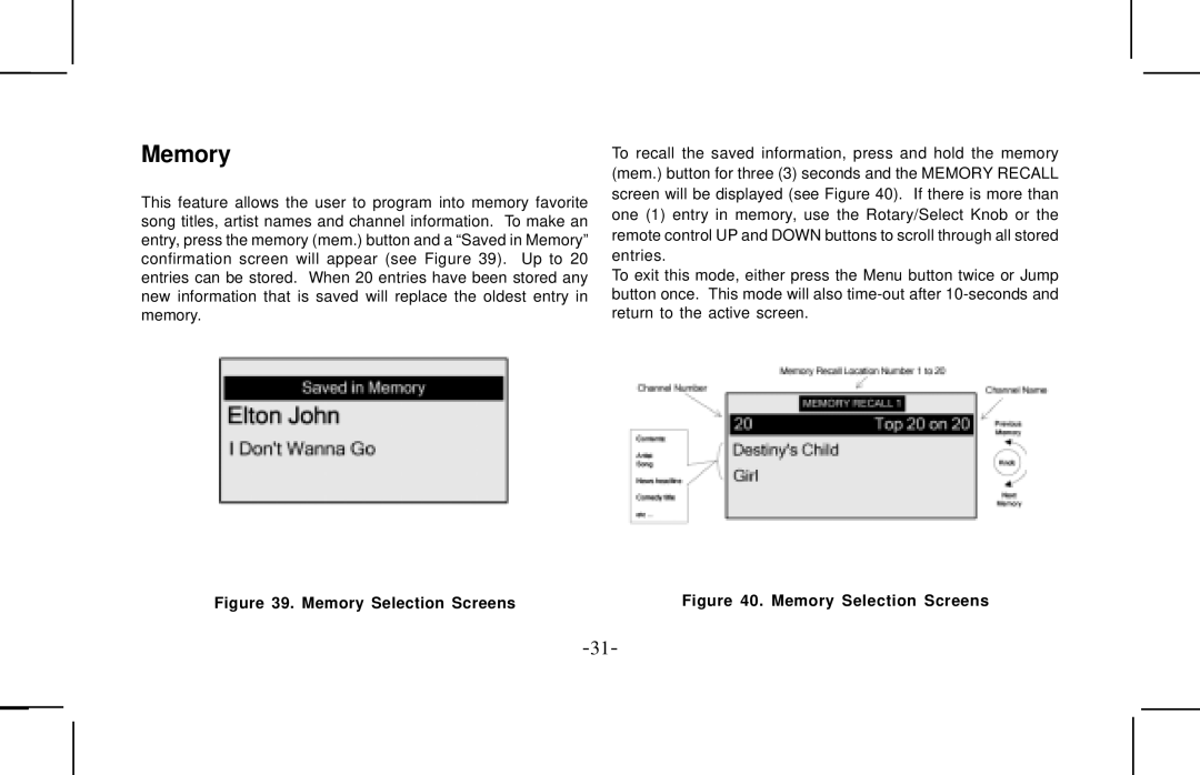 Audiovox XMCK10AP manual Memory Selection Screens 