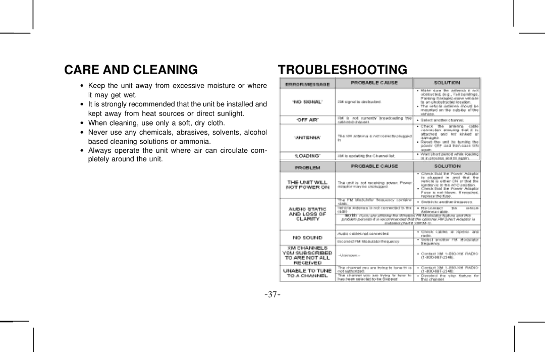 Audiovox XMCK10AP manual Care and Cleaning, Troubleshooting 