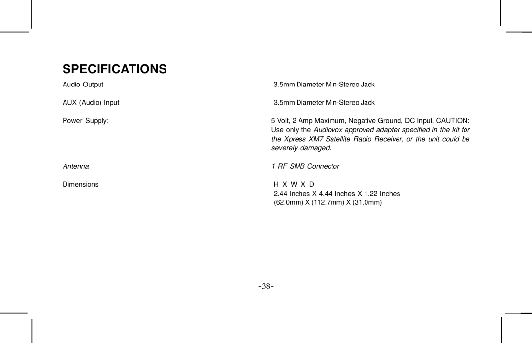 Audiovox XMCK10AP manual Specifications 