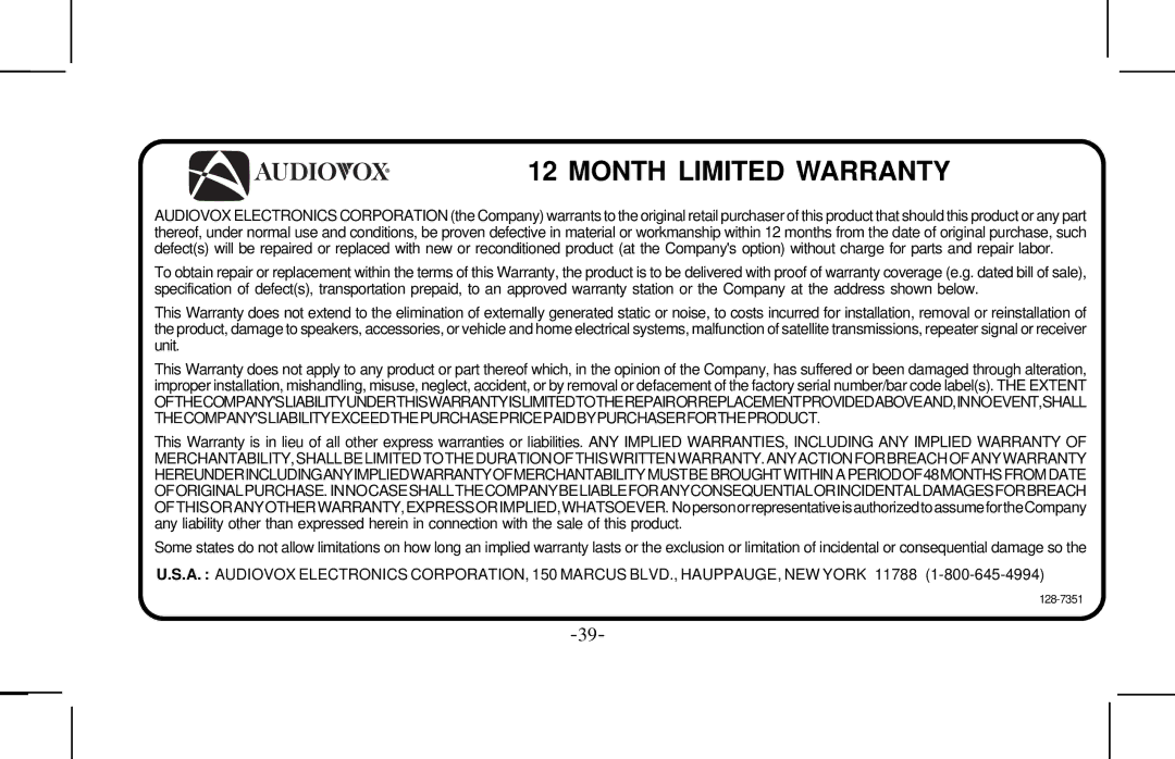 Audiovox XMCK10AP manual Month Limited Warranty 