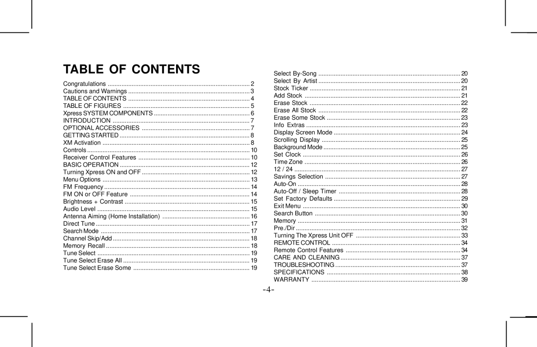 Audiovox XMCK10AP manual Table of Contents 