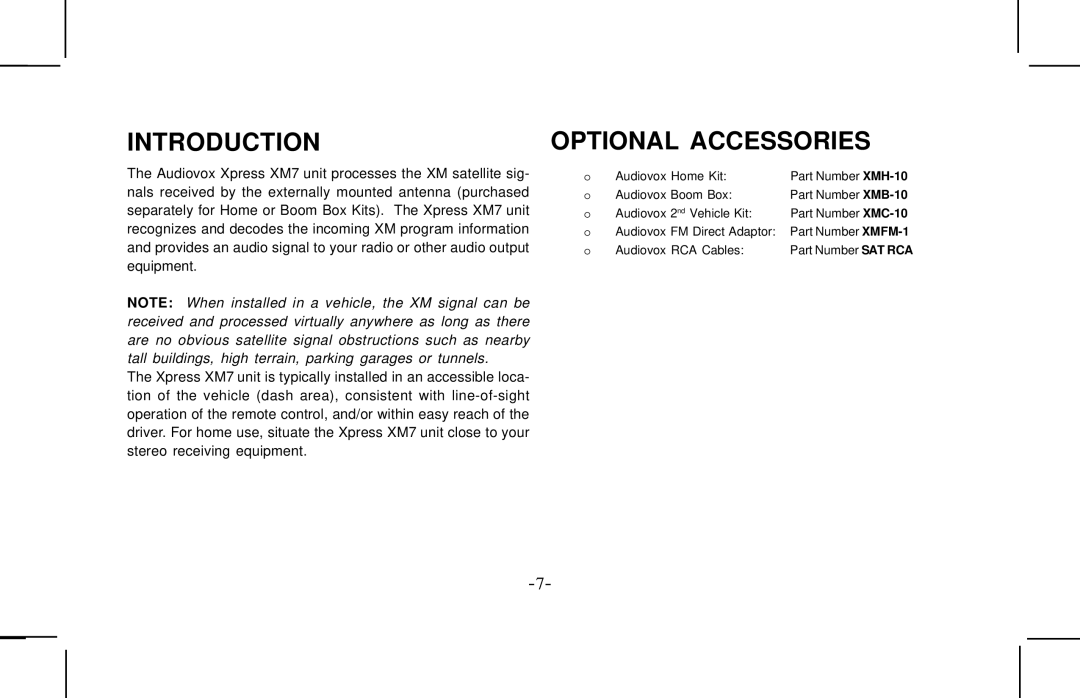 Audiovox XMCK10AP manual Introduction, Optional Accessories 