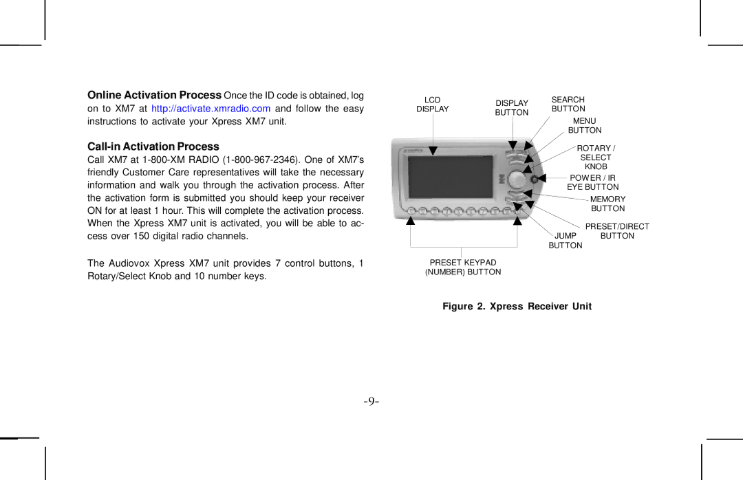 Audiovox XMCK10AP manual Call-in Activation Process 