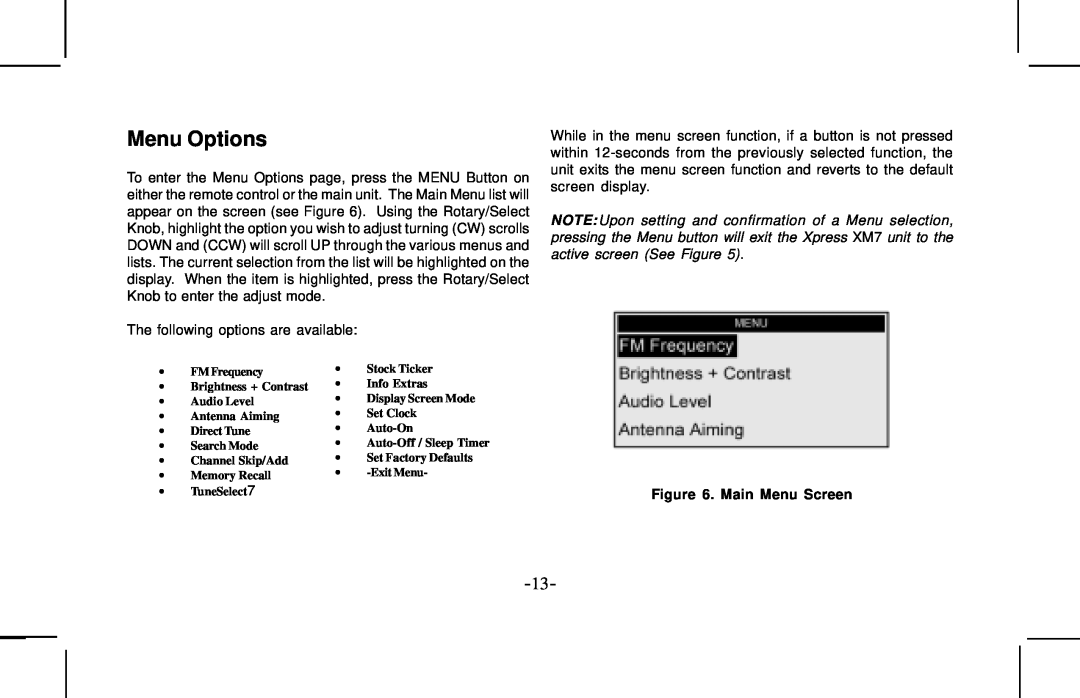 Audiovox XMCK10AP manual Menu Options, Main Menu Screen 