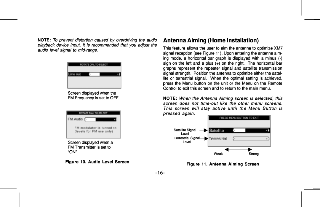 Audiovox XMCK10AP manual Antenna Aiming Home Installation, Audio Level Screen, Antenna Aiming Screen 