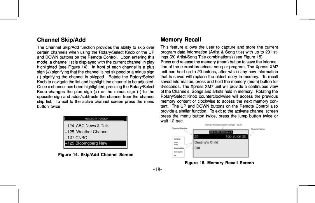Audiovox XMCK10AP manual Channel Skip/Add, +129 Bloomgberg New, Skip/Add Channel Screen, Memory Recall Screen 