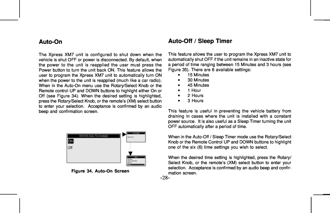 Audiovox XMCK10AP manual Auto-Off / Sleep Timer, Auto-On Screenmation screen 