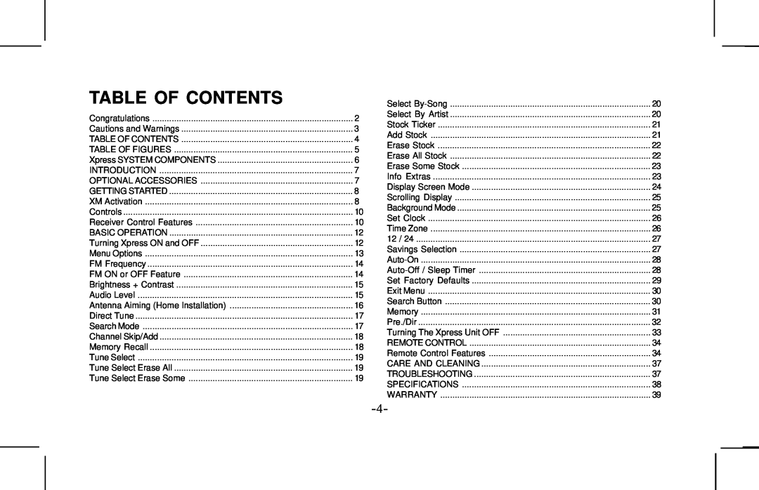 Audiovox XMCK10AP manual Table Of Contents 