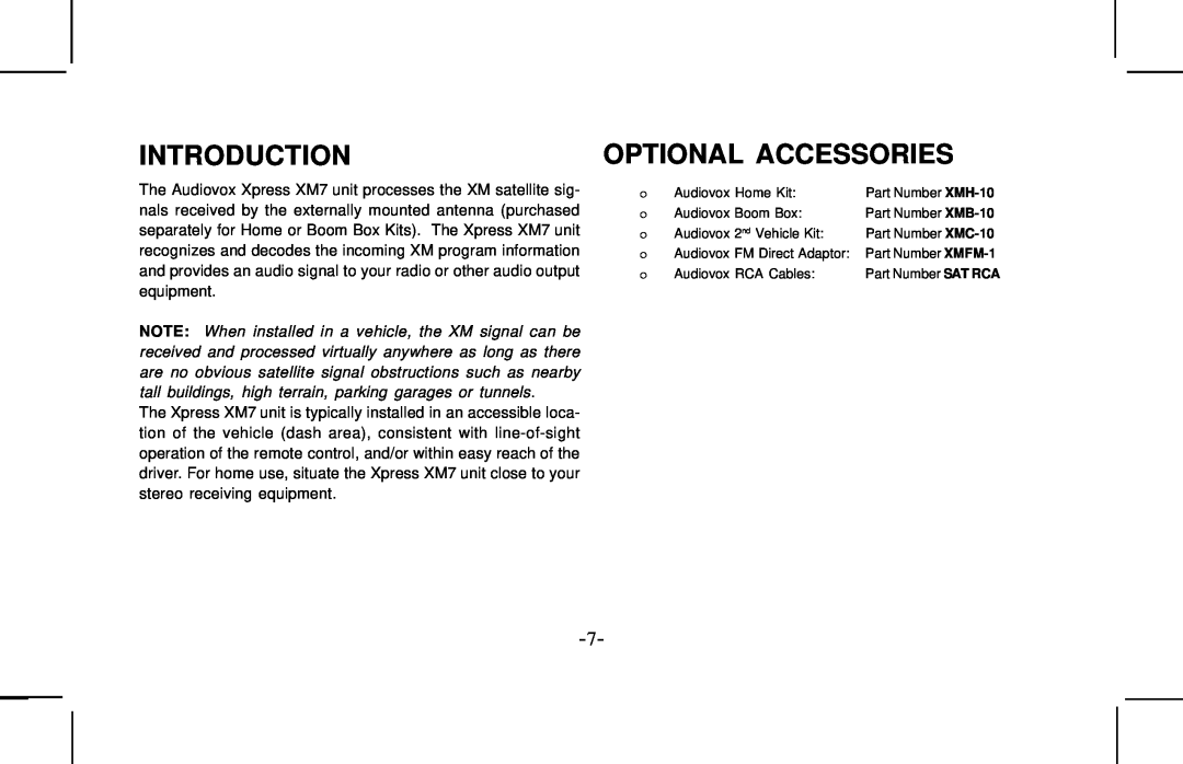Audiovox XMCK10AP manual Introduction, Optional Accessories, Audiovox Home Kit, Part Number XMH-10, Audiovox Boom Box 