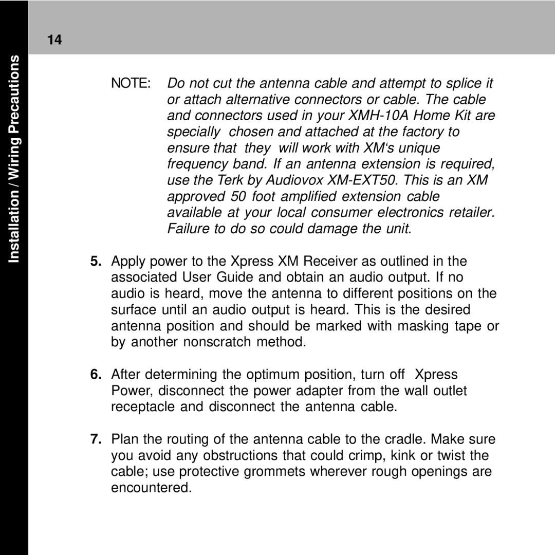 Audiovox XMH-10A manual Installation / Wiring Precautions 