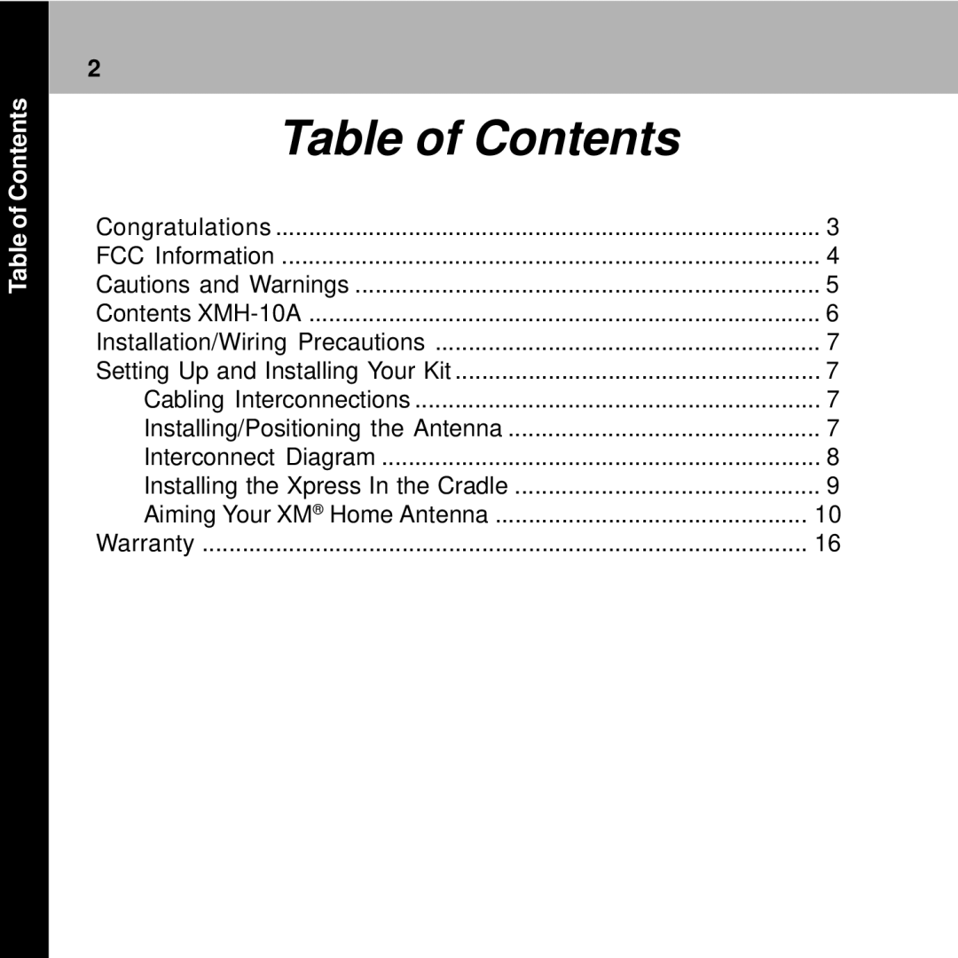 Audiovox XMH-10A manual Table of Contents 