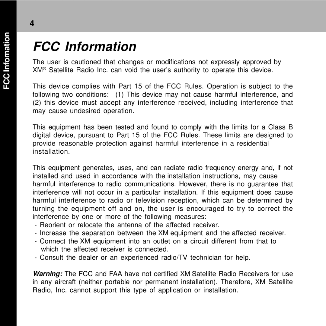 Audiovox XMH-10A manual FCC Information 