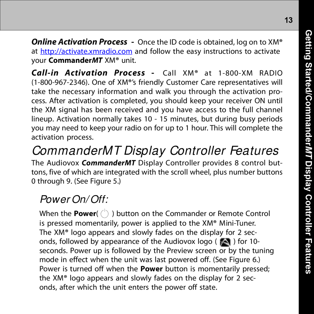 Audiovox XMRVRFM002 manual Getting Started/CommanderMT Display Controller Features 