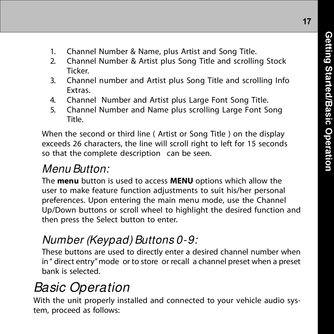 Audiovox XMRVRFM002 manual Menu Button, Getting Started/Basic Operation 