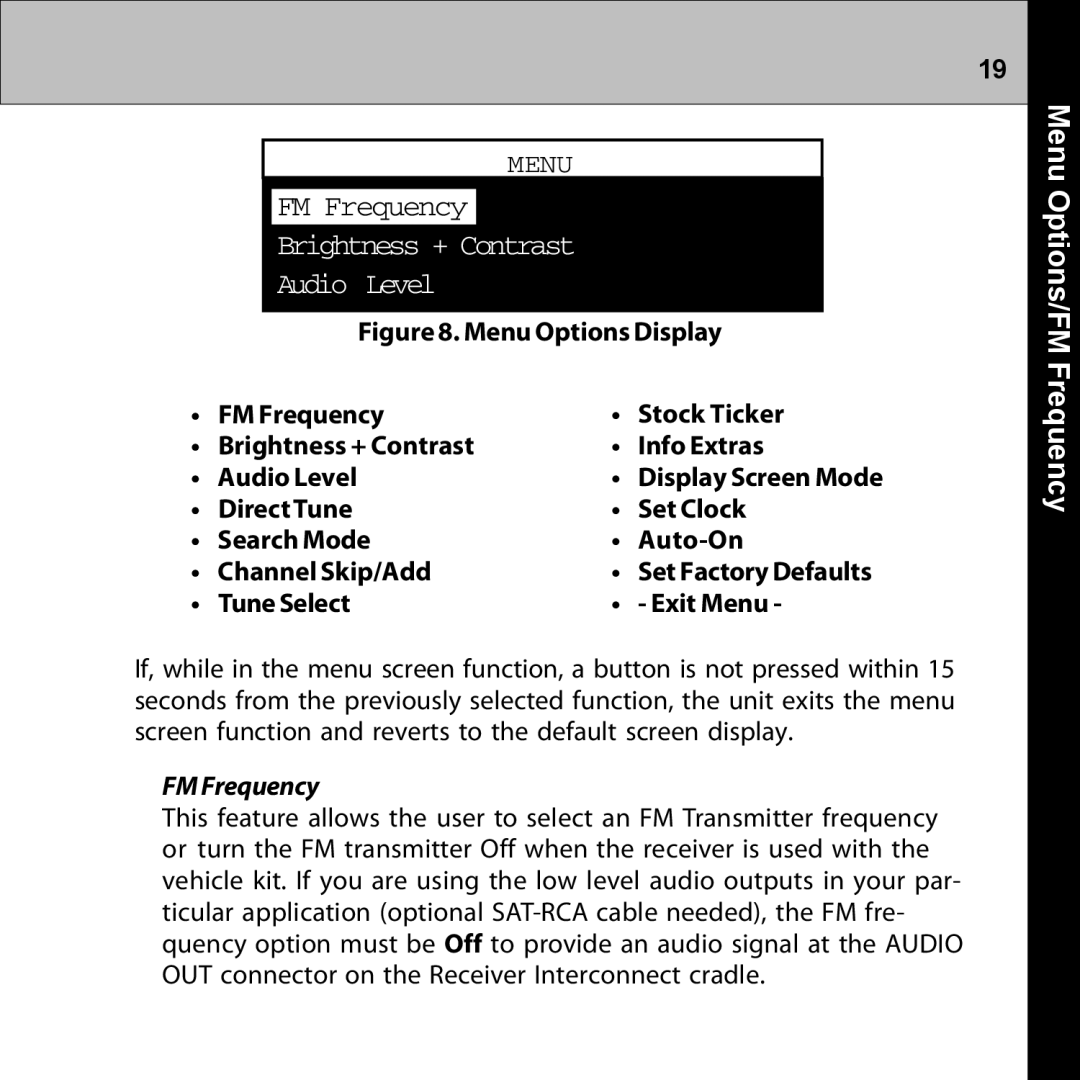 Audiovox XMRVRFM002 manual Brightness + Contrast Audio Level, Menu Options/FM Frequency 