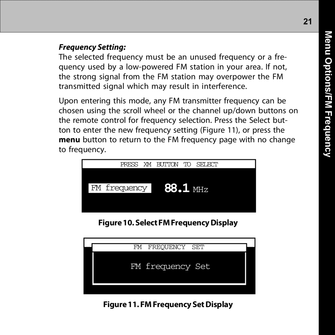 Audiovox XMRVRFM002 manual FM frequency Set, Frequency Setting 