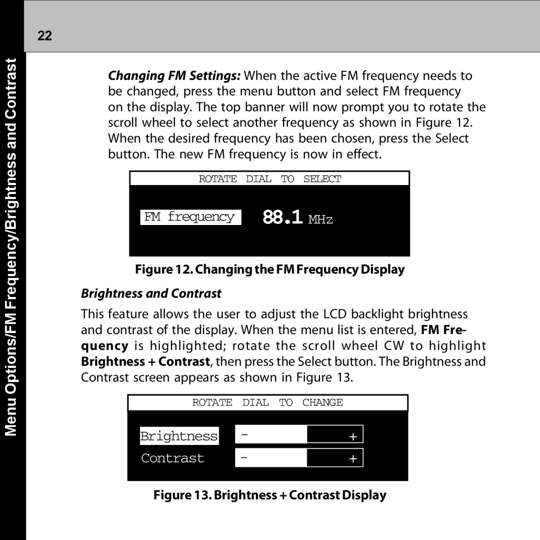 Audiovox XMRVRFM002 manual Menu Options/FM Frequency/Brightness and Contrast 