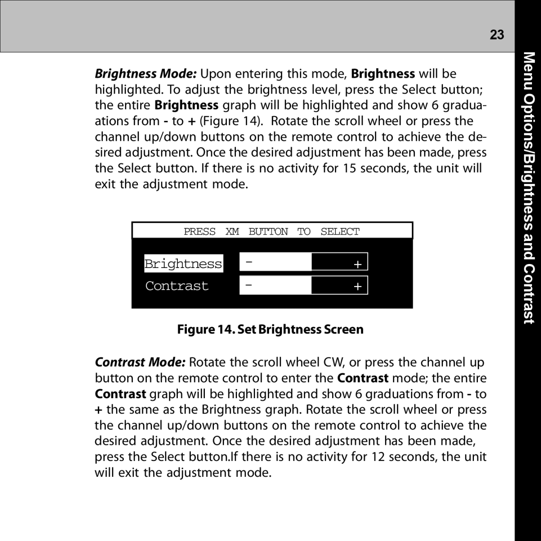 Audiovox XMRVRFM002 manual Menu Options/Brightness and Contrast, Set Brightness Screen 