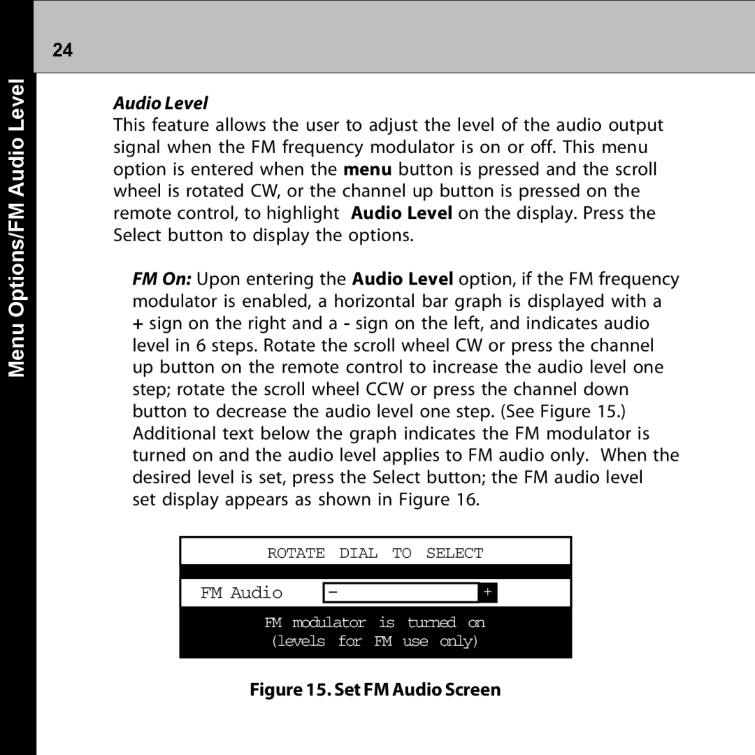 Audiovox XMRVRFM002 manual Menu Options/FM Audio Level 