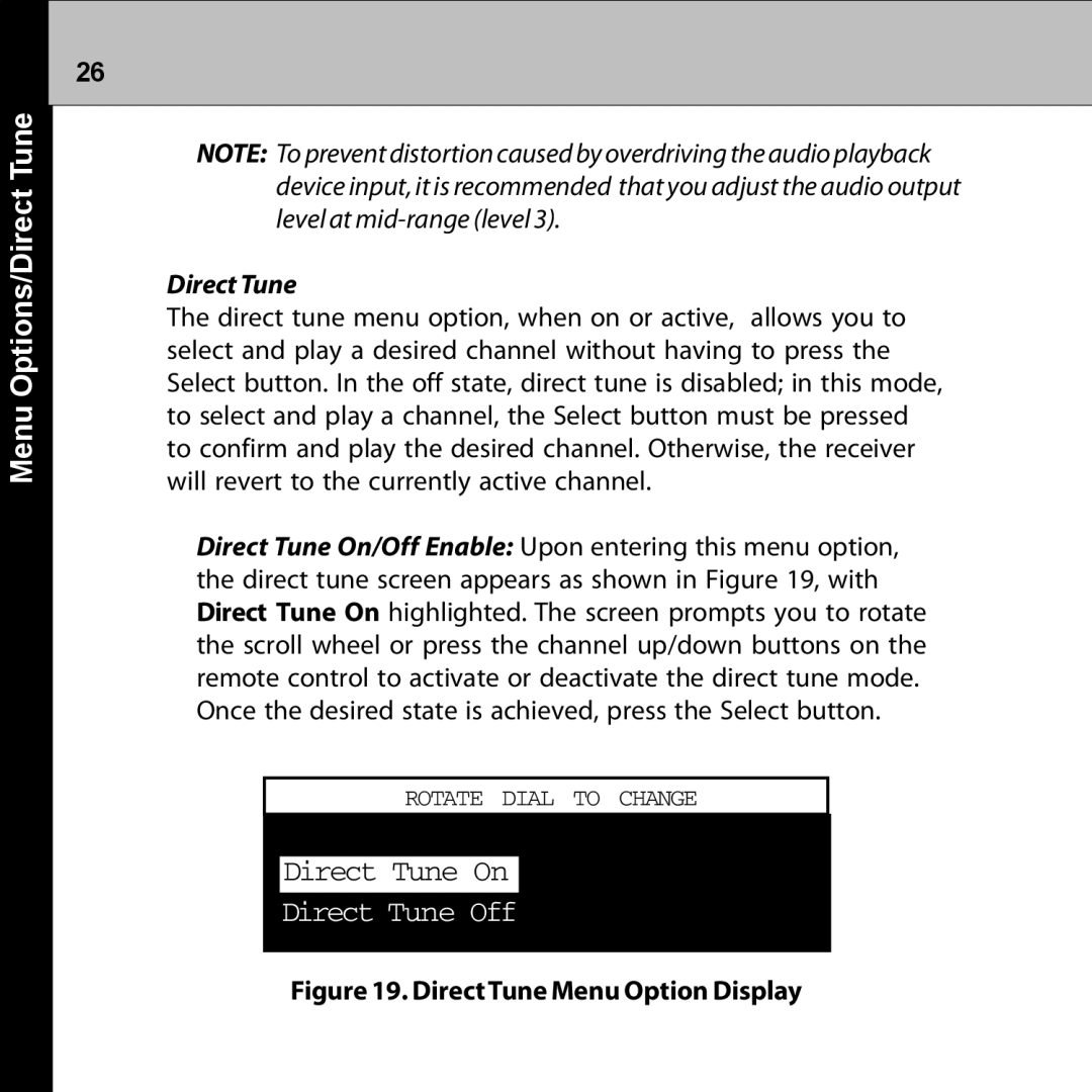 Audiovox XMRVRFM002 manual Menu Options/Direct Tune, Direct Tune Off 