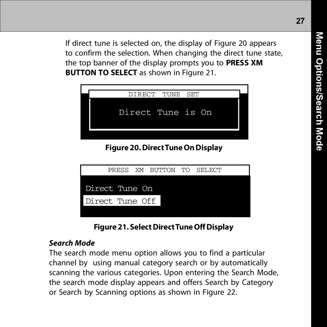 Audiovox XMRVRFM002 manual Direct Tune is On, Direct Tune On, Options/SearchMenu Mode, Search Mode 