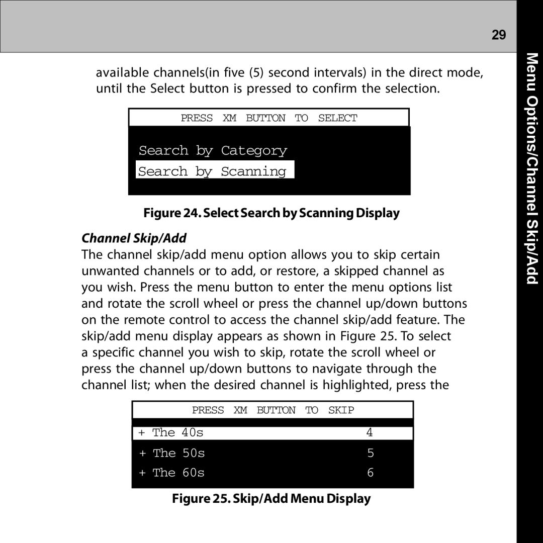 Audiovox XMRVRFM002 manual Search by Category, Options/ChannelMenu Skip/Add, Channel Skip/Add 