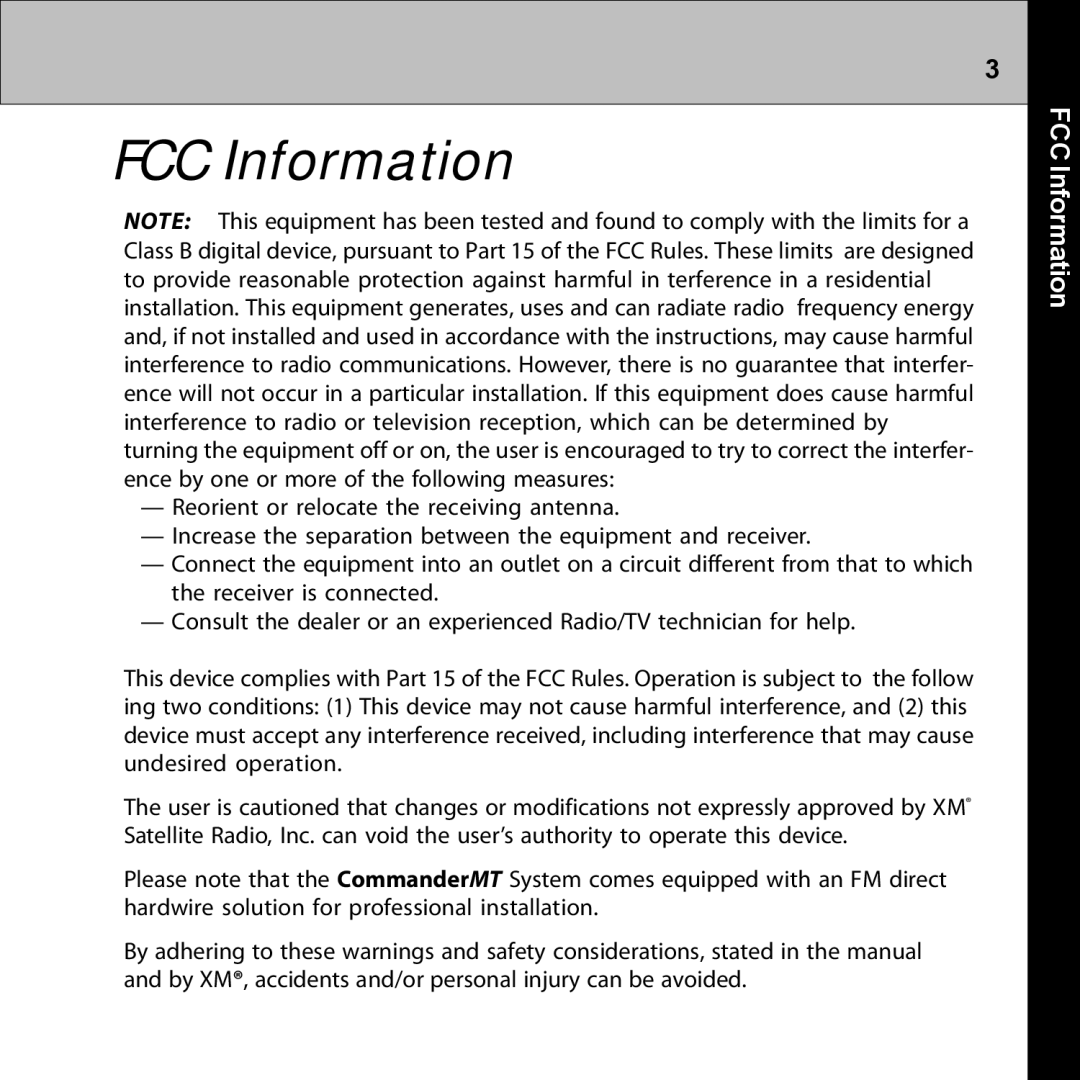 Audiovox XMRVRFM002 manual FCC Information 