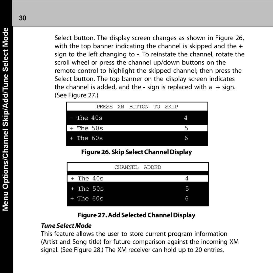 Audiovox XMRVRFM002 manual Menu Options/Channel Skip/Add/Tune Select Mode 