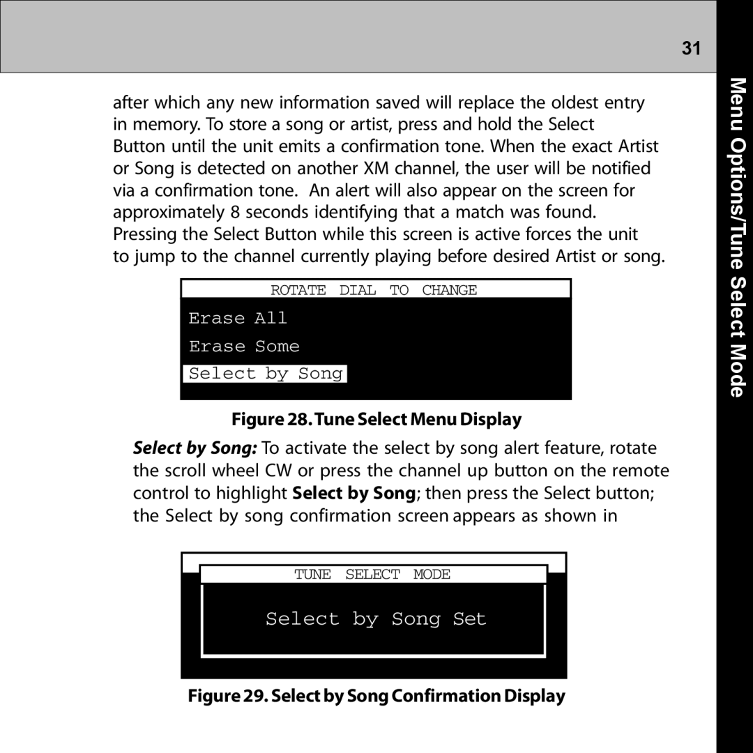 Audiovox XMRVRFM002 manual Select by Song Set, Options/TuneMenu Select Mode 