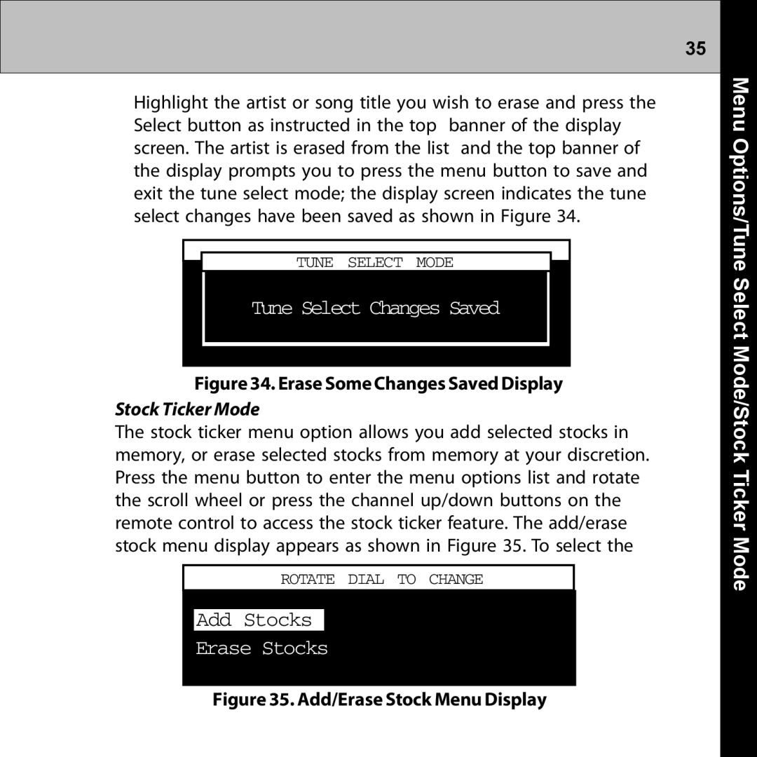 Audiovox XMRVRFM002 manual Tune Select Changes Saved, Erase Stocks, Options/TuneMenu Select Mode/Stock Ticker Mode 