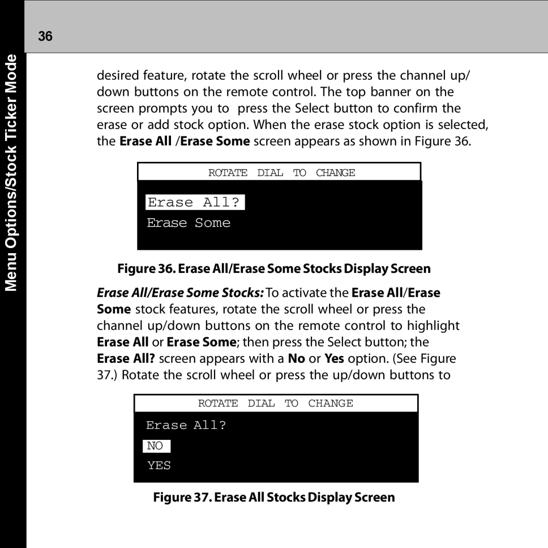 Audiovox XMRVRFM002 manual Menu Options/Stock Ticker Mode, Erase Some 