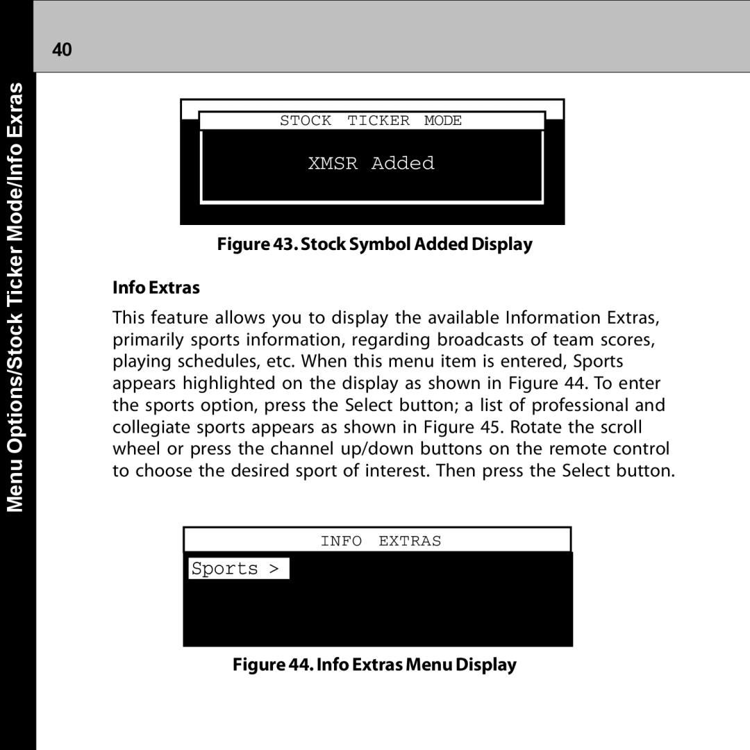 Audiovox XMRVRFM002 manual Menu Options/Stock Ticker Mode/Info Exras, Xmsr Added 