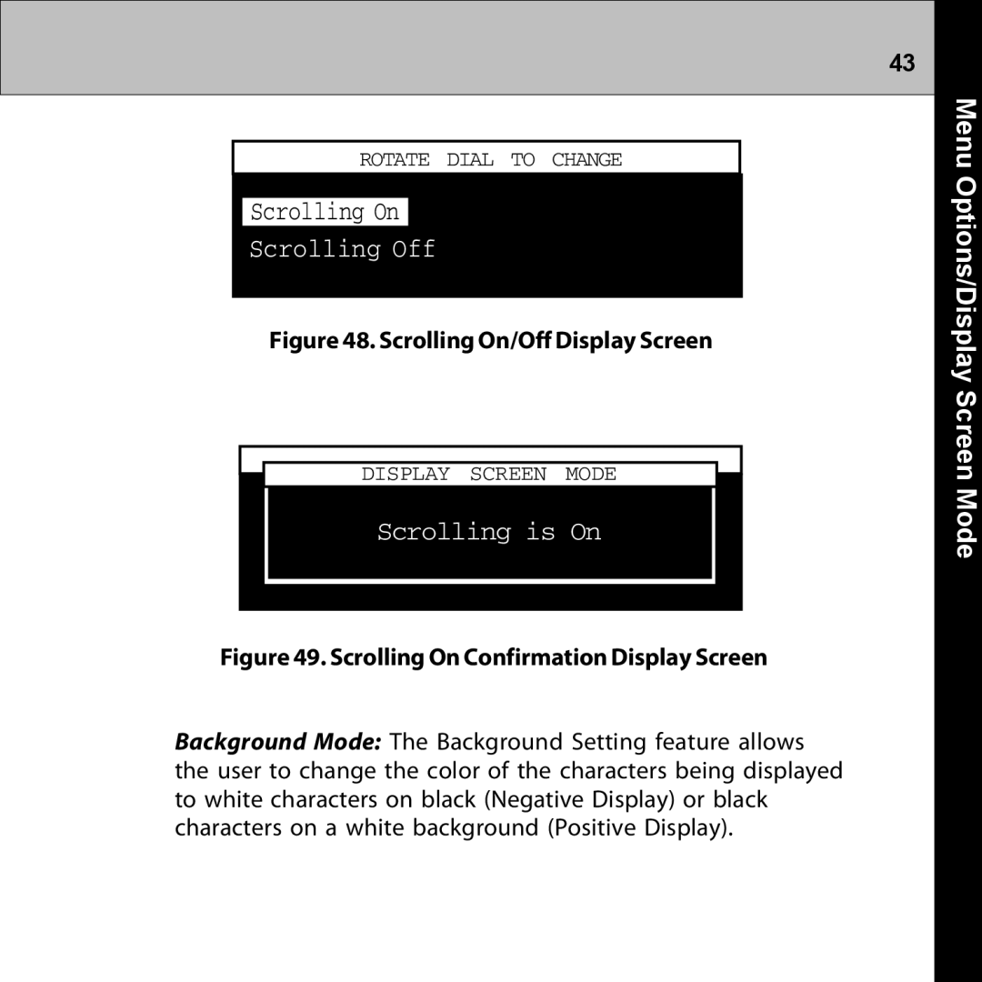 Audiovox XMRVRFM002 manual Scrolling Off, Scrolling is On, Options/DisplayMenu Screen Mode 