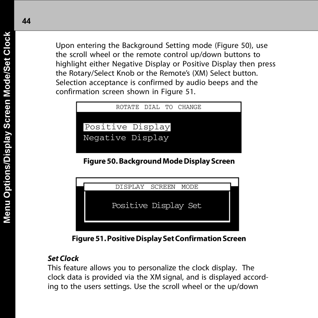 Audiovox XMRVRFM002 manual Menu Options/Display Screen Mode/Set Clock, Negative Display, Positive Display Set 