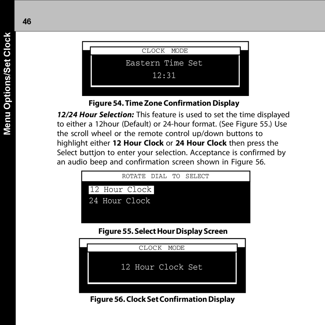 Audiovox XMRVRFM002 manual Menu Options/Set Clock, Eastern Time Set 1231, Hour Clock Set 