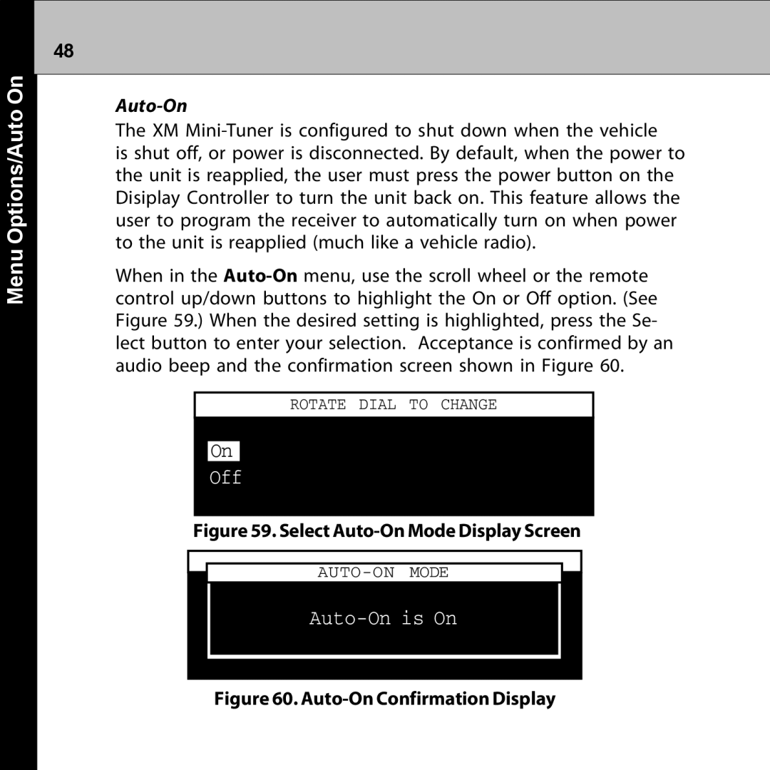 Audiovox XMRVRFM002 manual Menu Options/Auto On, Off, Auto-On is On 