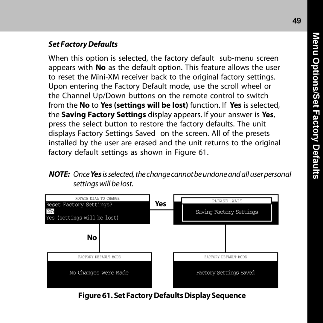 Audiovox XMRVRFM002 manual Options/SetMenu Factory Defaults, Set Factory Defaults 