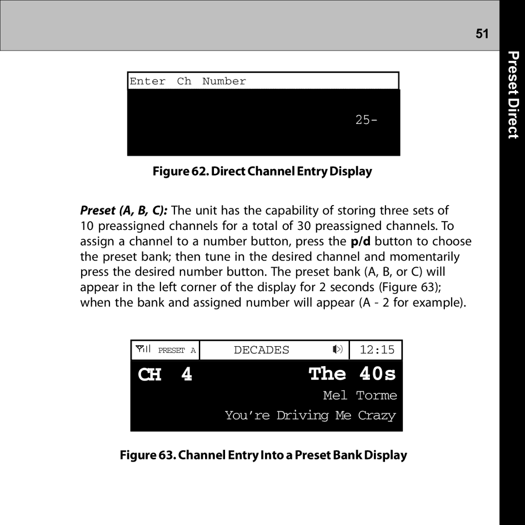 Audiovox XMRVRFM002 manual Preset Direct, Direct Channel Entry Display 