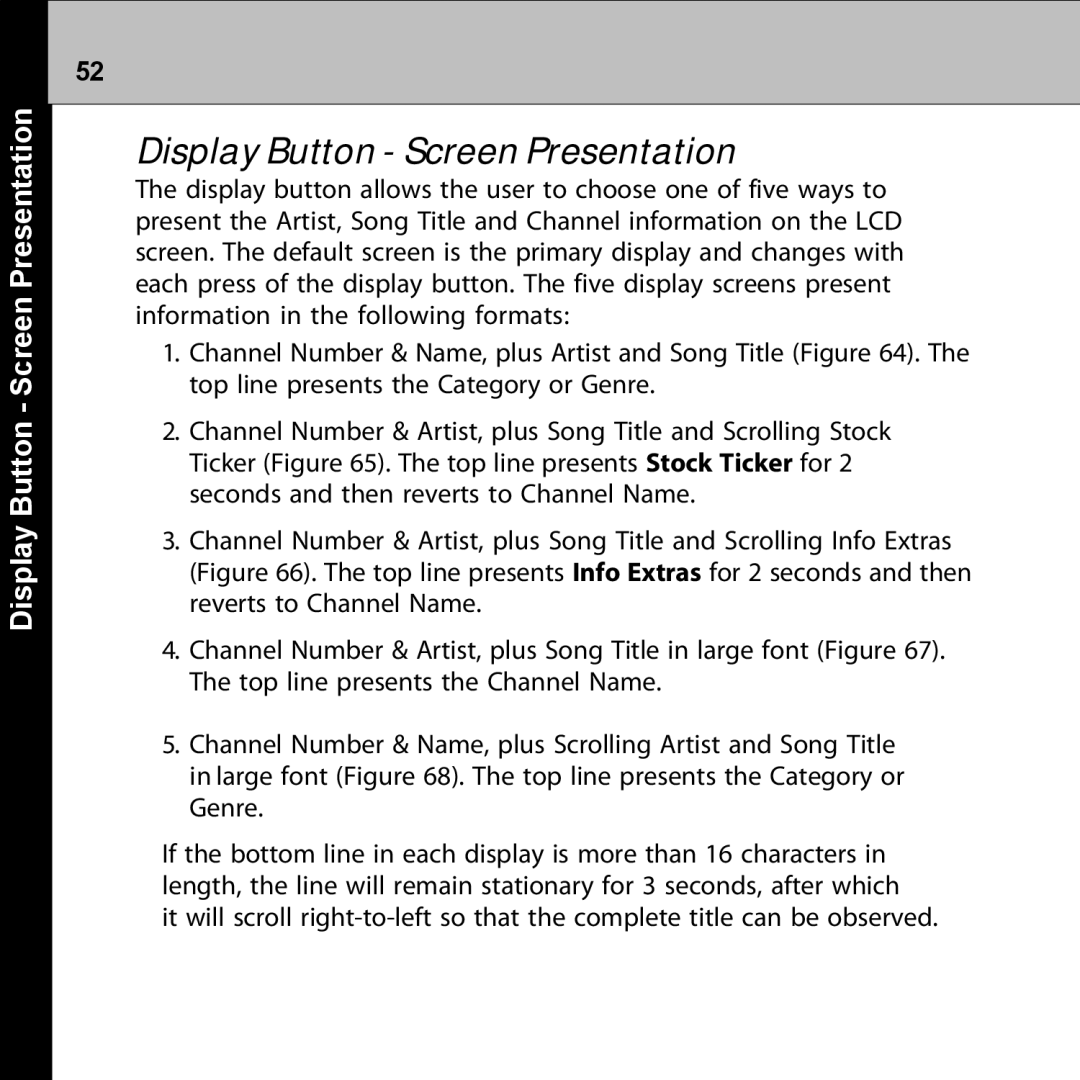 Audiovox XMRVRFM002 manual Display Button Screen Presentation 