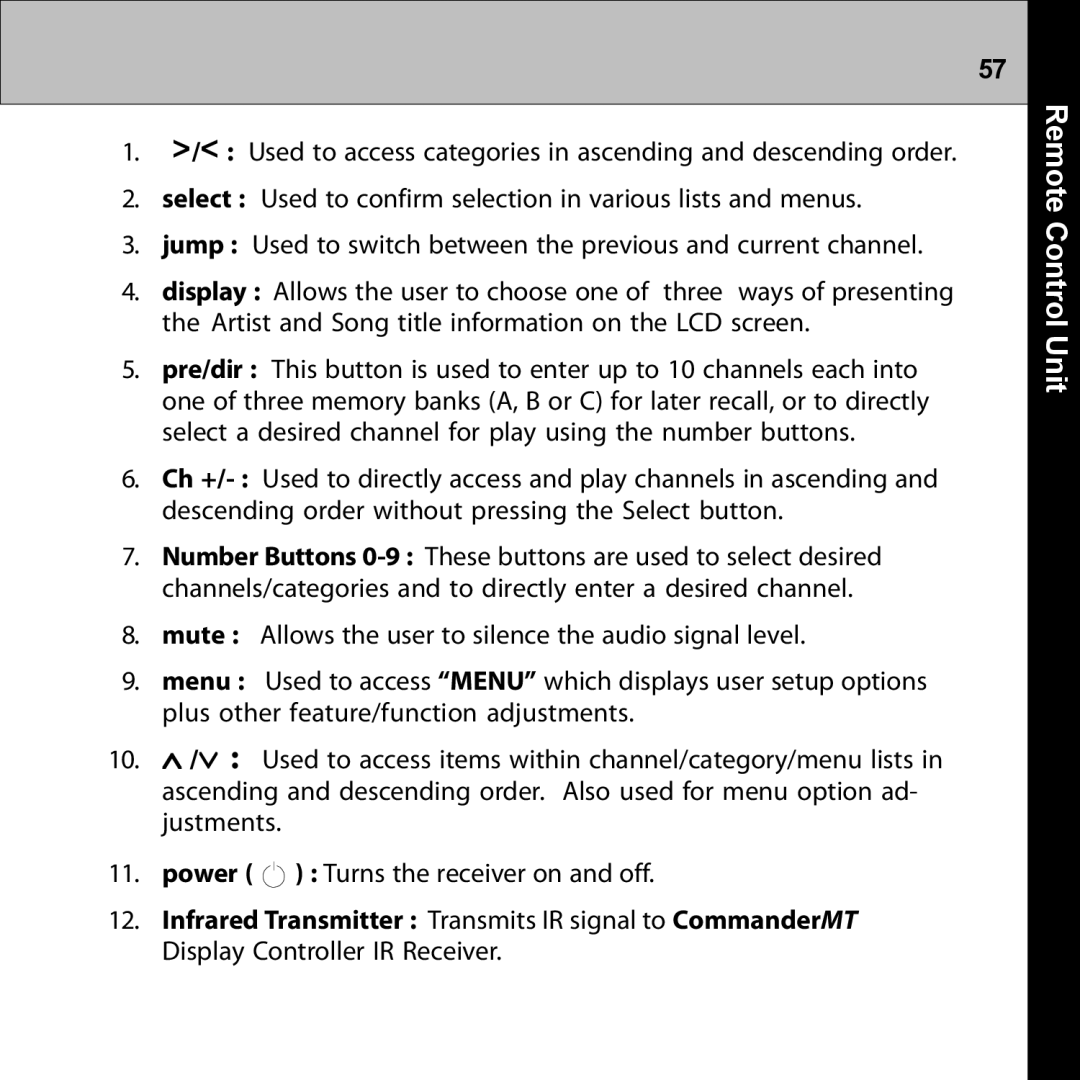 Audiovox XMRVRFM002 manual Remote Control Unit 