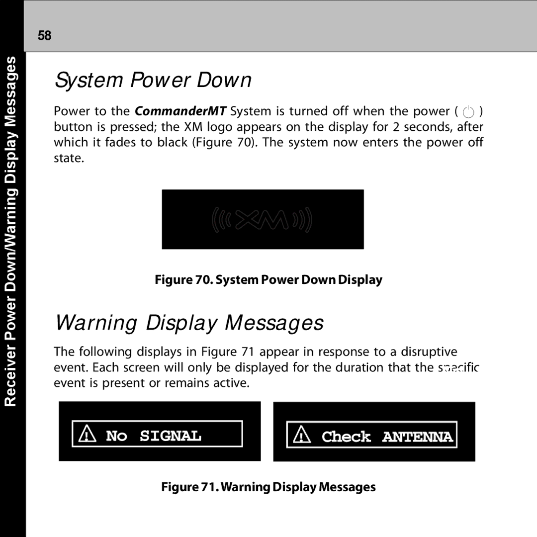 Audiovox XMRVRFM002 manual System Power Down, Receiver Power Down/Warning Display Messages 