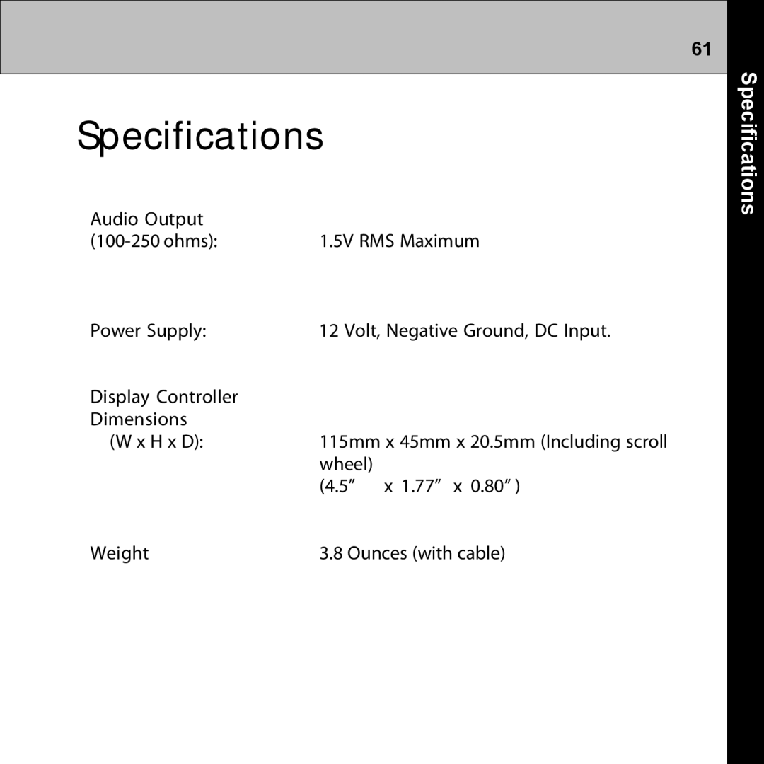 Audiovox XMRVRFM002 manual Specifications 