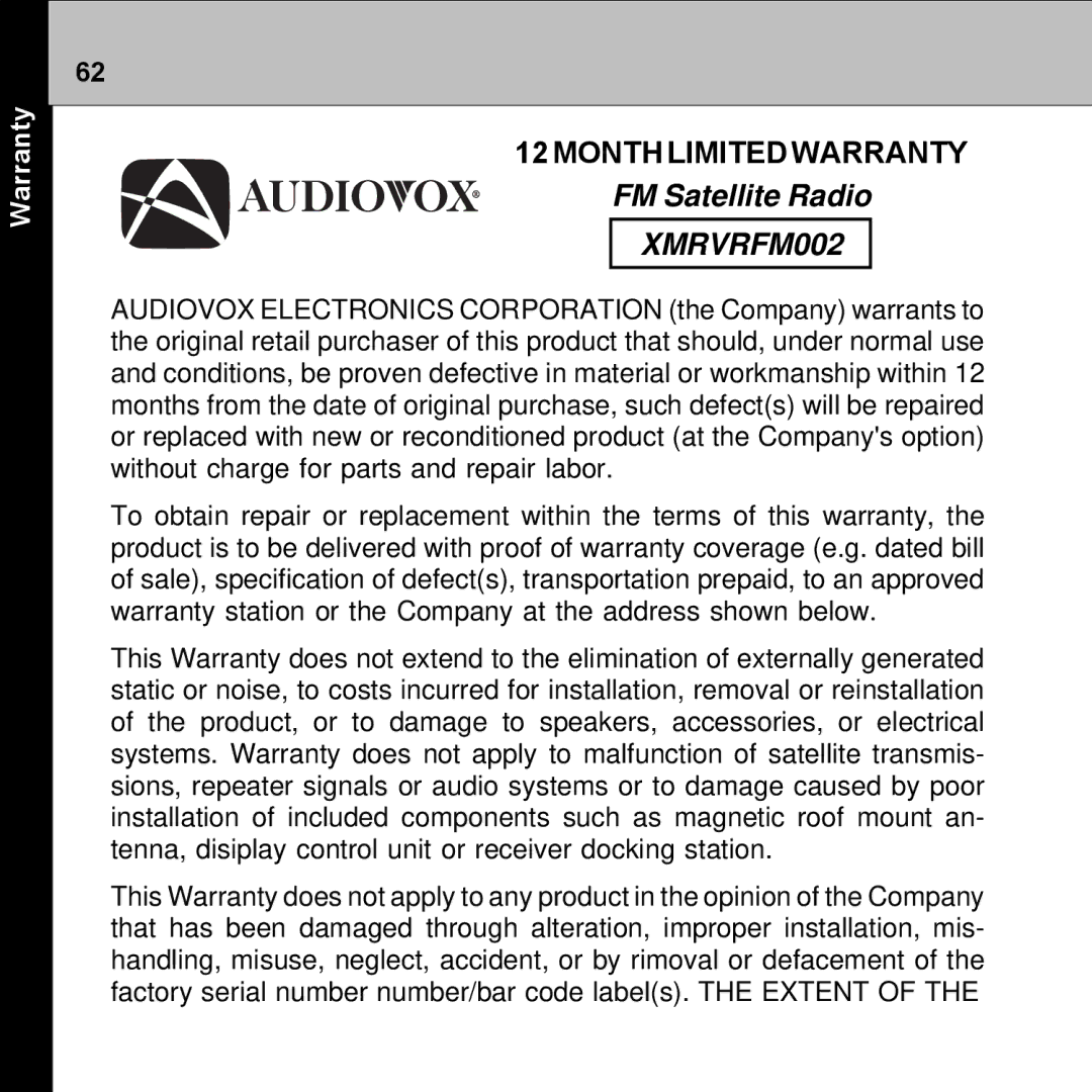 Audiovox XMRVRFM002 manual 