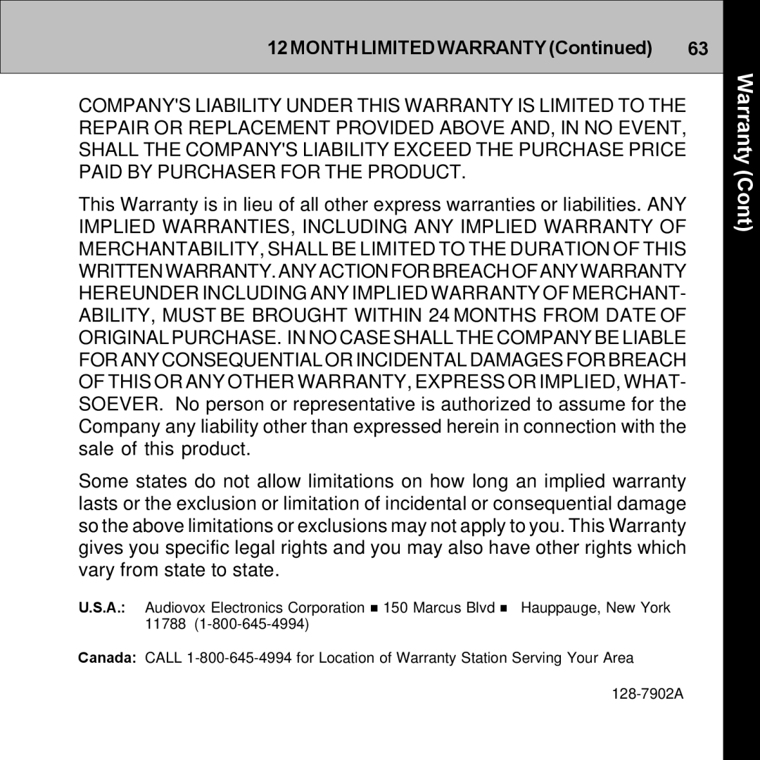 Audiovox XMRVRFM002 manual Warranty, 12MONTHLIMITEDWARRANTY 